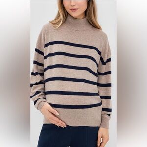 Striped Tan and Navy Hatch Estelle Turtleneck Cashmere Sweater